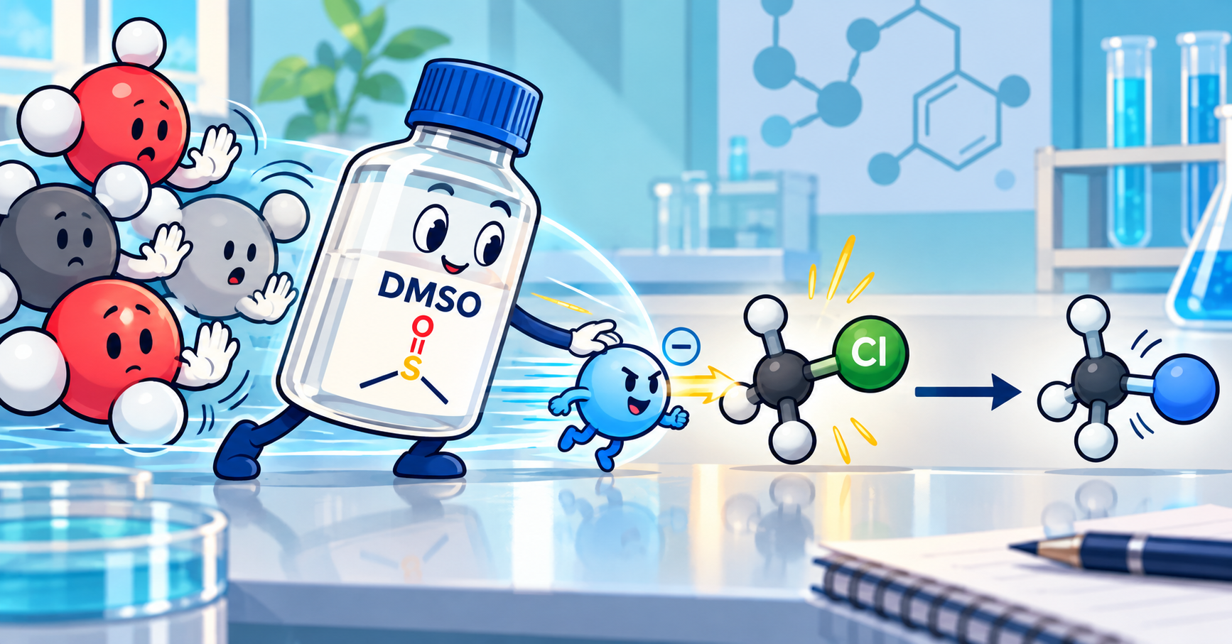 DMSO supporting a nucleophilic substitution in a laboratory illustration