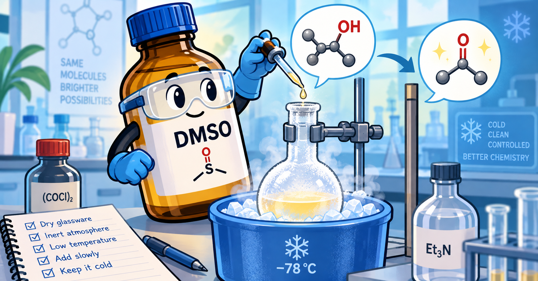 DMSO participating in a low-temperature Swern oxidation illustration