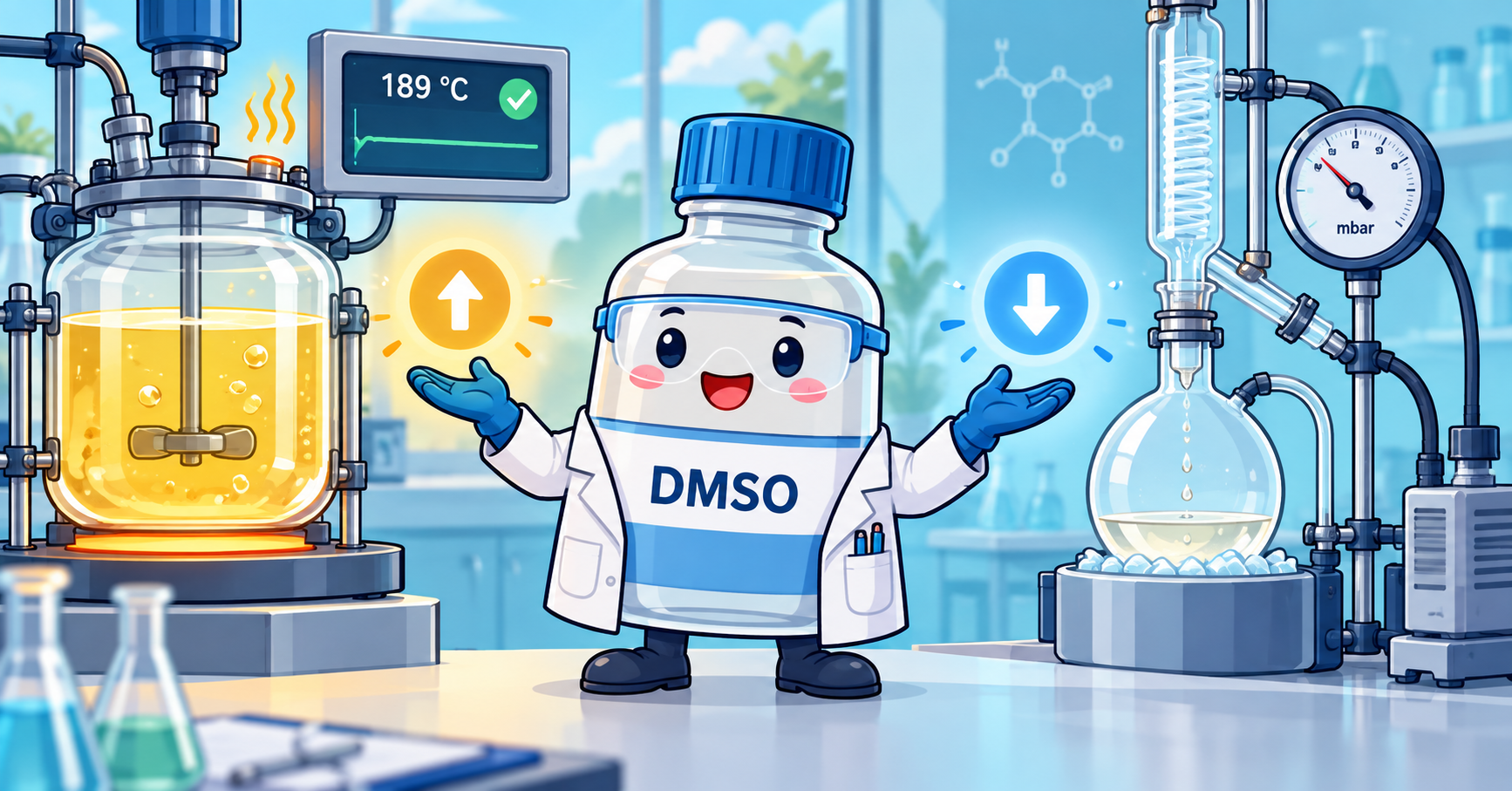 DMSO process illustration balancing high-temperature reaction and vacuum distillation
