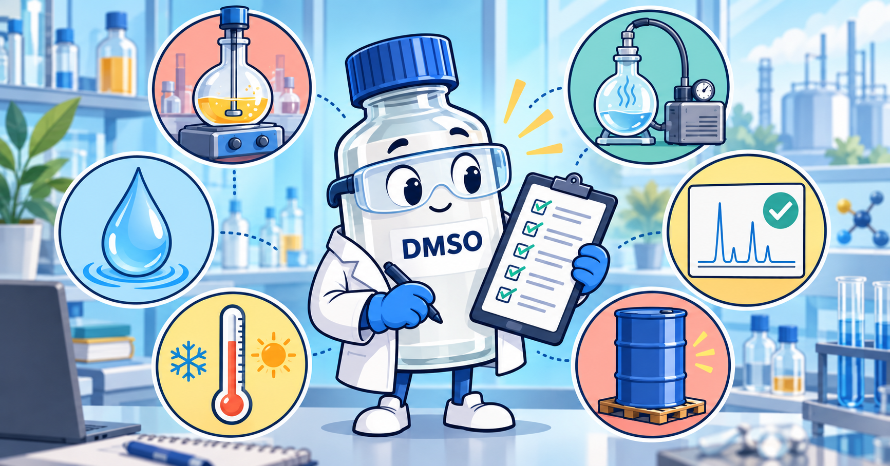 DMSO process-screening checklist with reaction, temperature, workup and supply icons