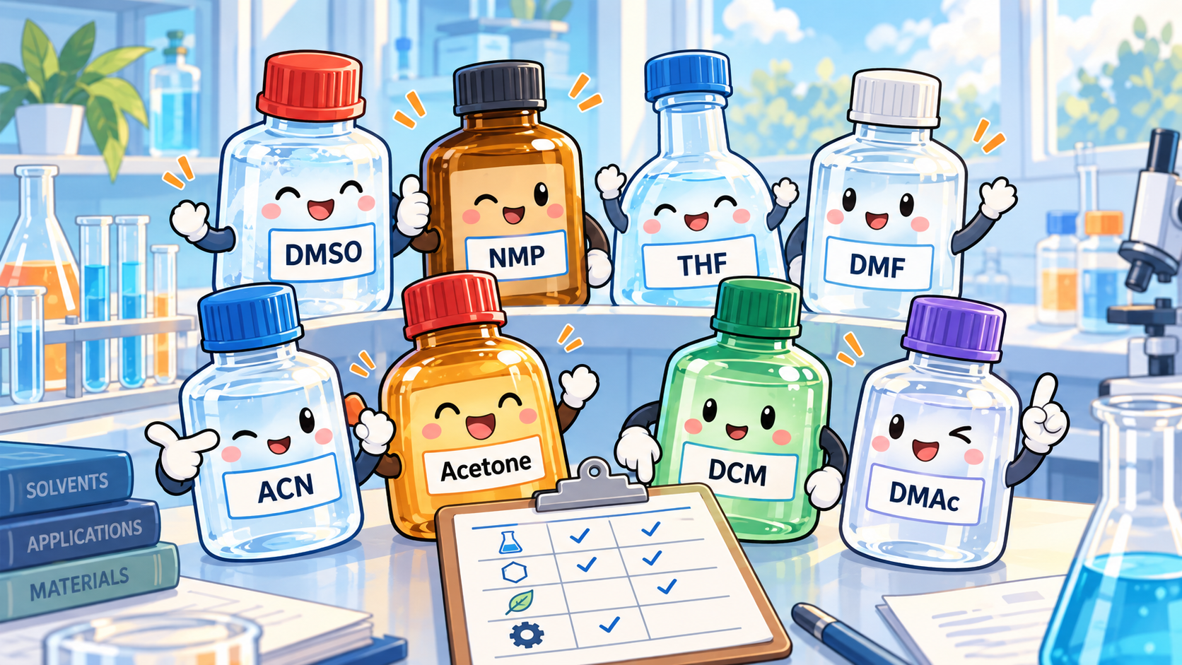 Cartoon laboratory illustration of eight solvent bottles labeled DMSO, NMP, THF, DMF, ACN, Acetone, DCM and DMAc beside a comparison checklist.